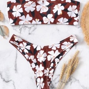 Floral Bandeau & High Leg Bikini Set